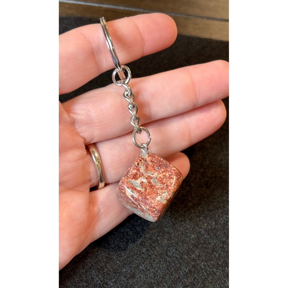 Red Jasper Stone Cube Keychain Silver Tone Natural Gemstone Fidget Charm